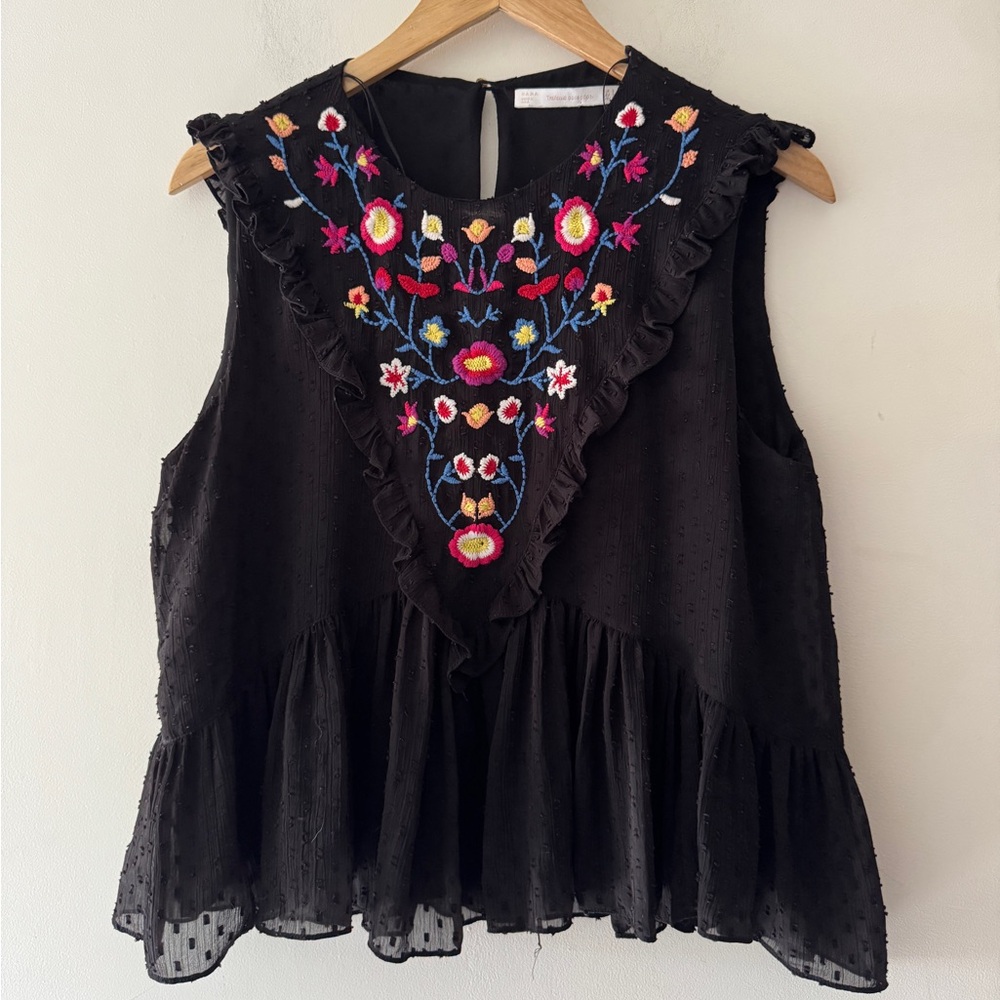 Zara Blouse Embroidered Boho Swiss Dot Sleeveless Ruffle Top Blouse Small Black
